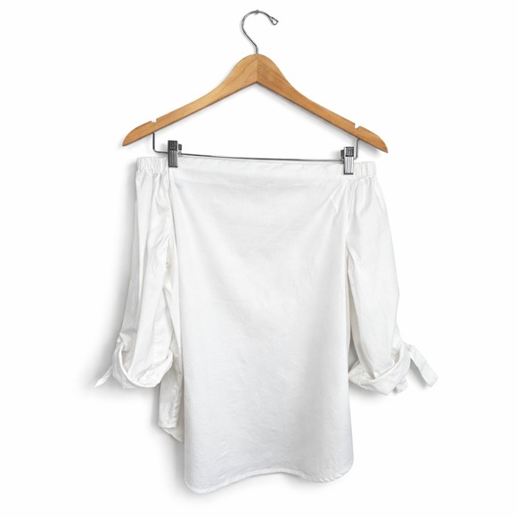 J McLaughlin Off Shoulder Blouse White Size S Tie Sleeve Preppy Coastal - Picture 2 of 6